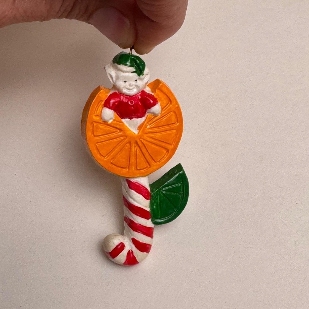 Vintage‎ Taiwan Plastic Elf Orange Slice Candy Cane Christmas Tree Ornament